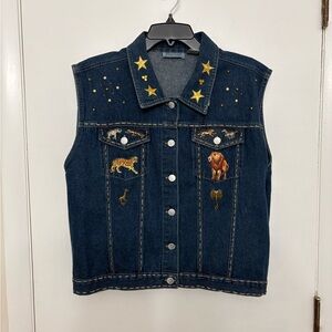 Embroidered Denim Vest Safari Animal and Star Accents VTG Marisol Women’s XL